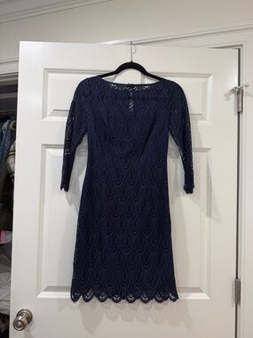 Lilly Pulitzer Navy Lace Sheath Dress with Three-Quarter Sleeves